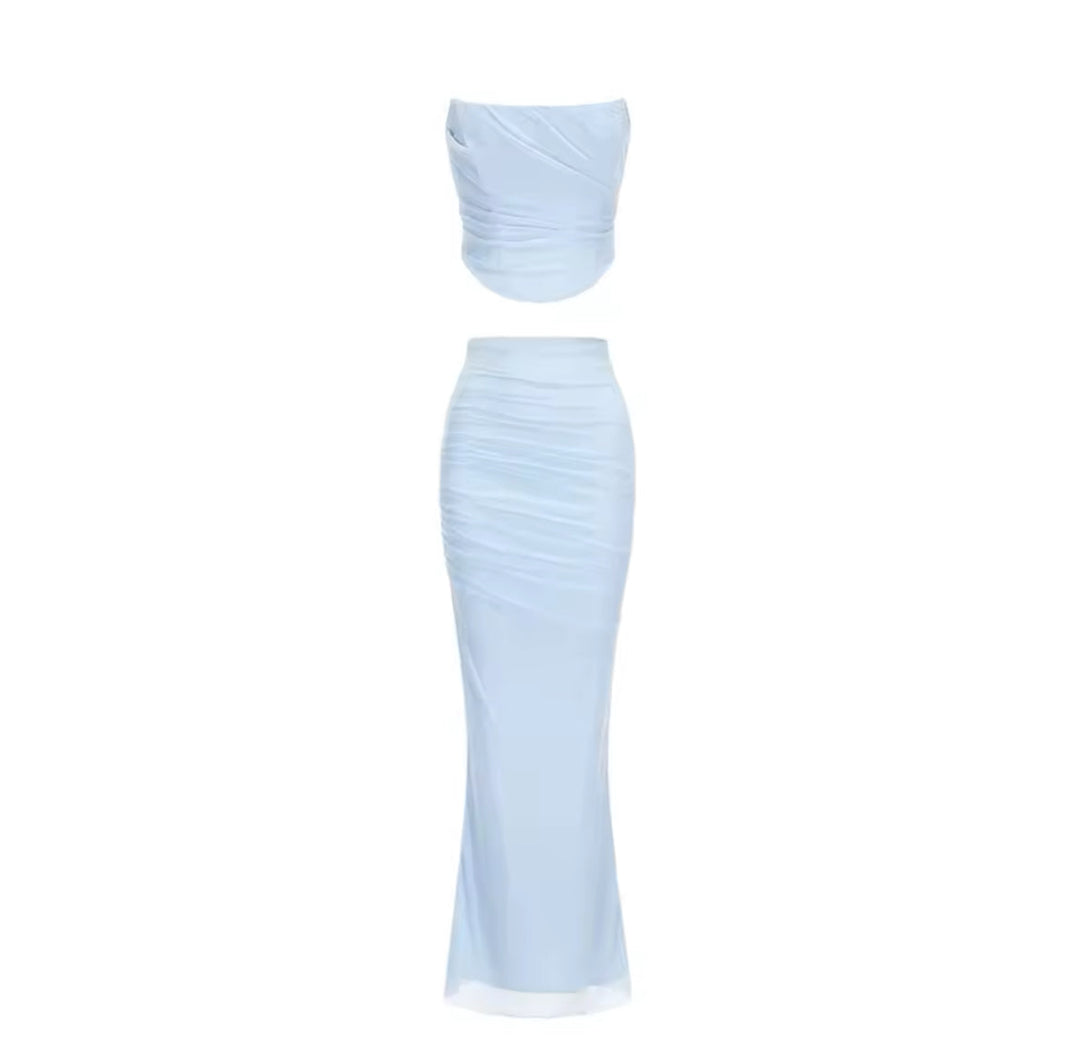 Two-Piece Set with Strapless Top and Maxi Skirt with Matching Scarf Detail - Francia