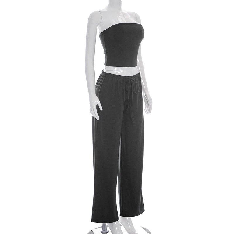 Cozy two-piece set with a strapless top and long pants – Tani
