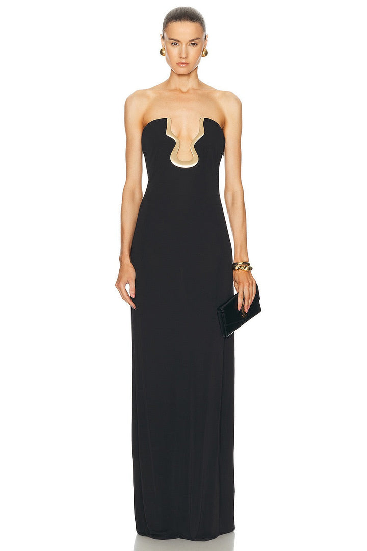 Elegant Maxi Strapless Dress with Shaping Fabric and Buckle Design - ORINA
