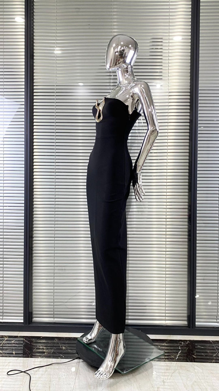 Elegant Maxi Strapless Dress with Shaping Fabric and Buckle Design - ORINA