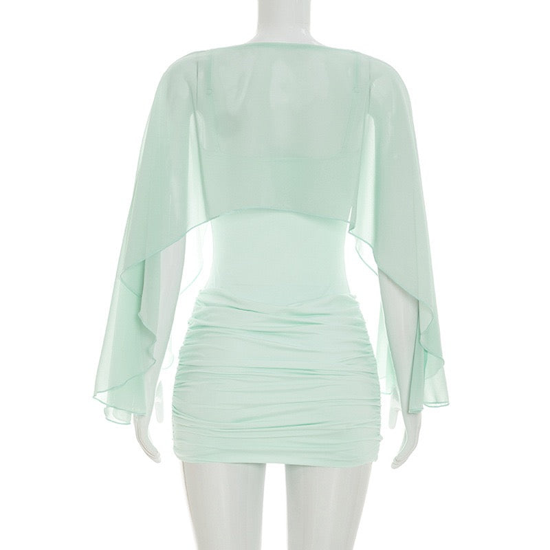 Ruched mini dress with chiffon overlay embellishments – Lily