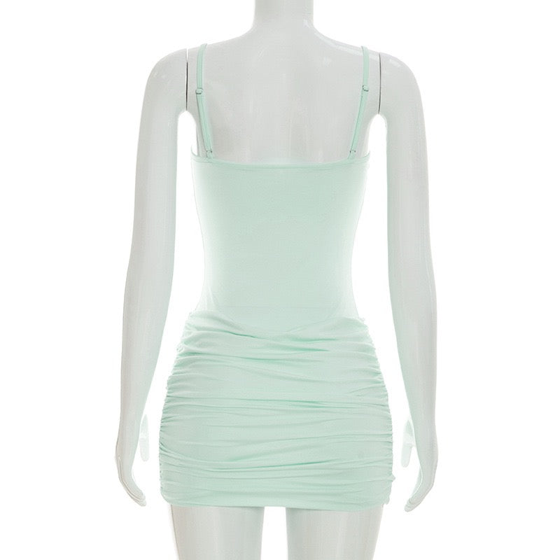 Ruched mini dress with chiffon overlay embellishments – Lily