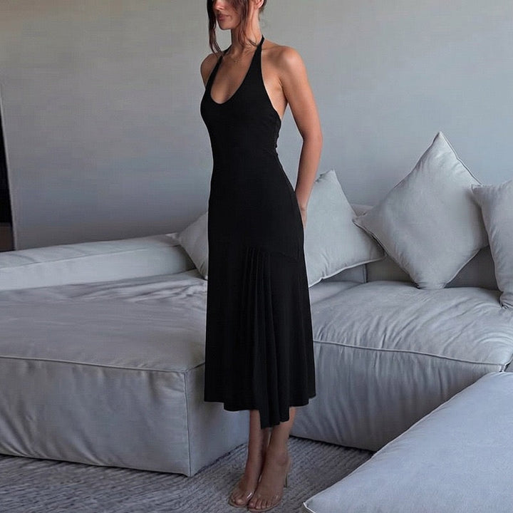 Genia - Midi dress with a halter tie and open back