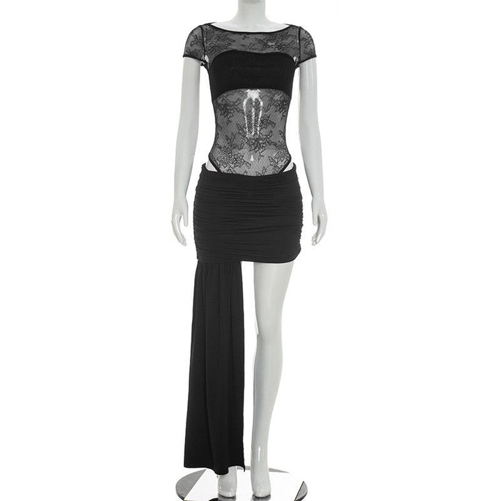 Two-piece set with a lace bodysuit and ruched mini skirt with a train – Shenina