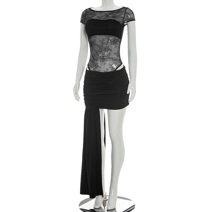 Two-piece set with a lace bodysuit and ruched mini skirt with a train – Shenina
