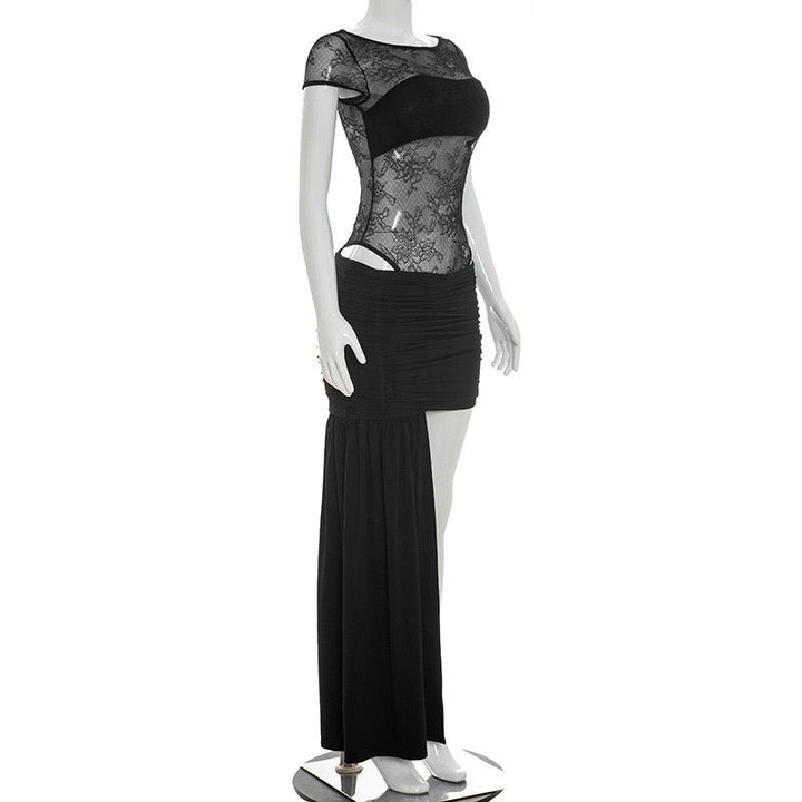 Two-piece set with a lace bodysuit and ruched mini skirt with a train – Shenina