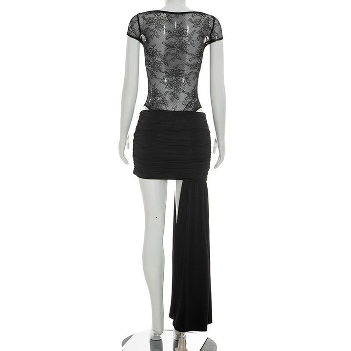 Two-piece set with a lace bodysuit and ruched mini skirt with a train – Shenina