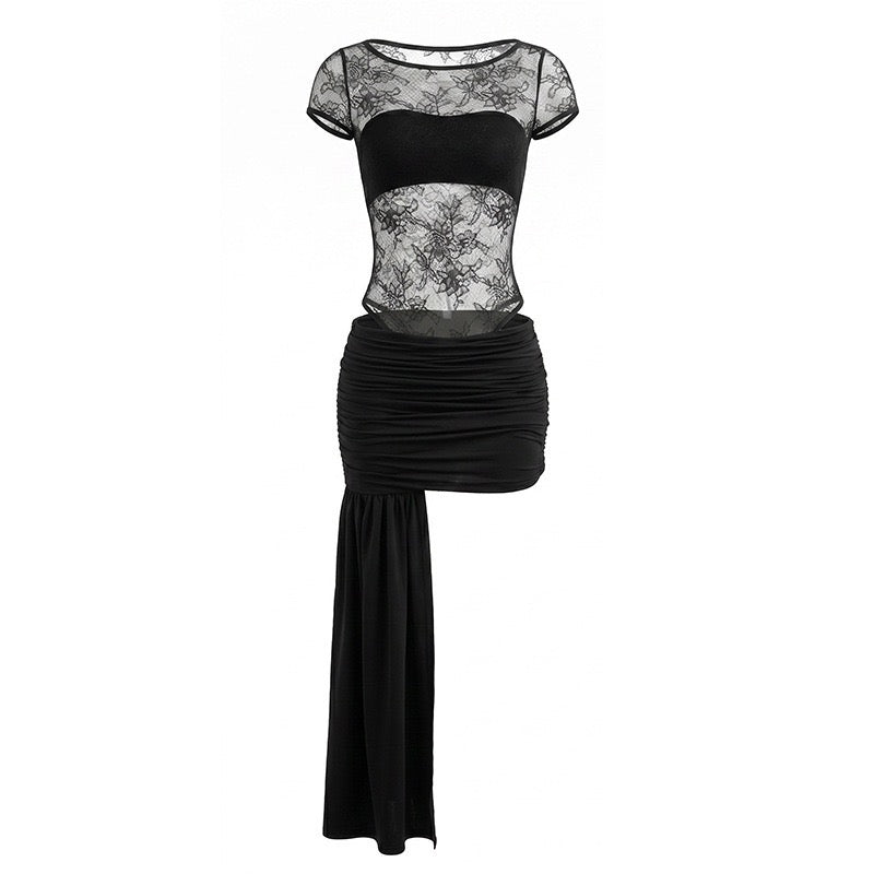 Two-piece set with a lace bodysuit and ruched mini skirt with a train – Shenina