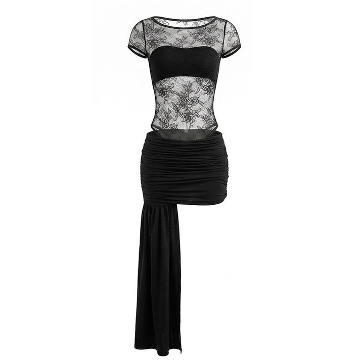 Two-piece set with a lace bodysuit and ruched mini skirt with a train – Shenina