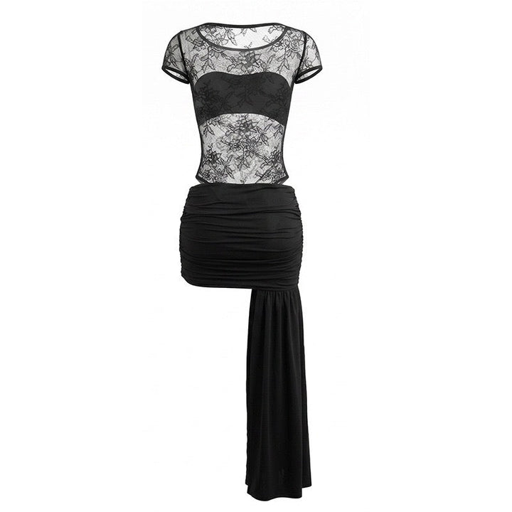 Two-piece set with a lace bodysuit and ruched mini skirt with a train – Shenina