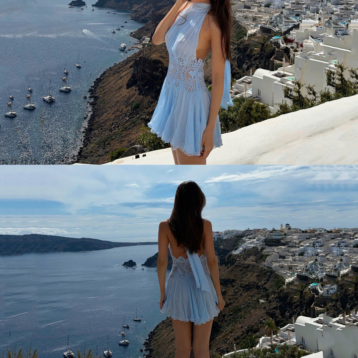 Opera - Ruffled chiffon mini dress with a halter tie, open back, and embroidered design