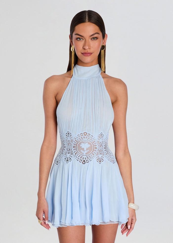 Opera - Ruffled chiffon mini dress with a halter tie, open back, and embroidered design
