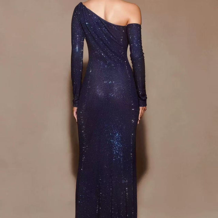Maxi Evening Dress with Off-Shoulder and Shiny Rhinestone Design - Sierra