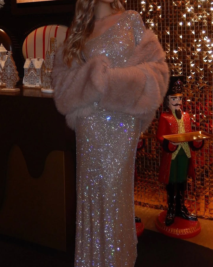 Maxi Evening Dress with Off-Shoulder and Shiny Rhinestone Design - Sierra
