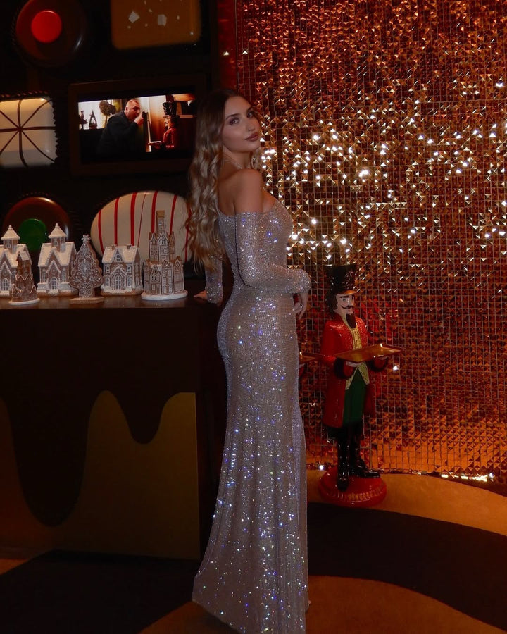 Maxi Evening Dress with Off-Shoulder and Shiny Rhinestone Design - Sierra