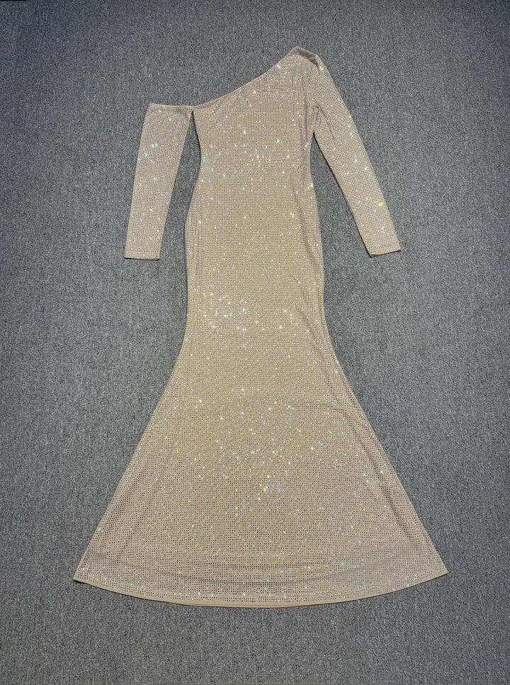 Maxi Evening Dress with Off-Shoulder and Shiny Rhinestone Design - Sierra