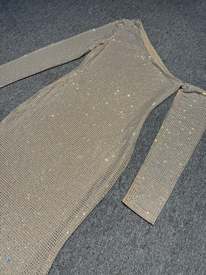 Maxi Evening Dress with Off-Shoulder and Shiny Rhinestone Design - Sierra