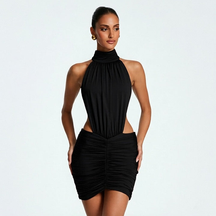 Fitted ruched mini dress with an open back – HILI