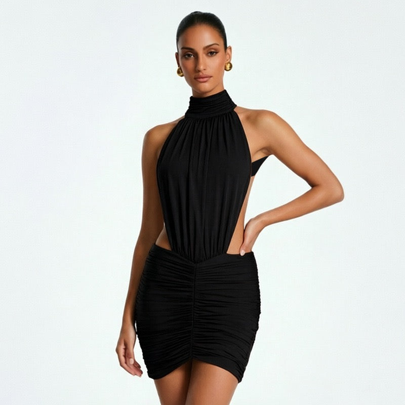 Fitted ruched mini dress with an open back – HILI