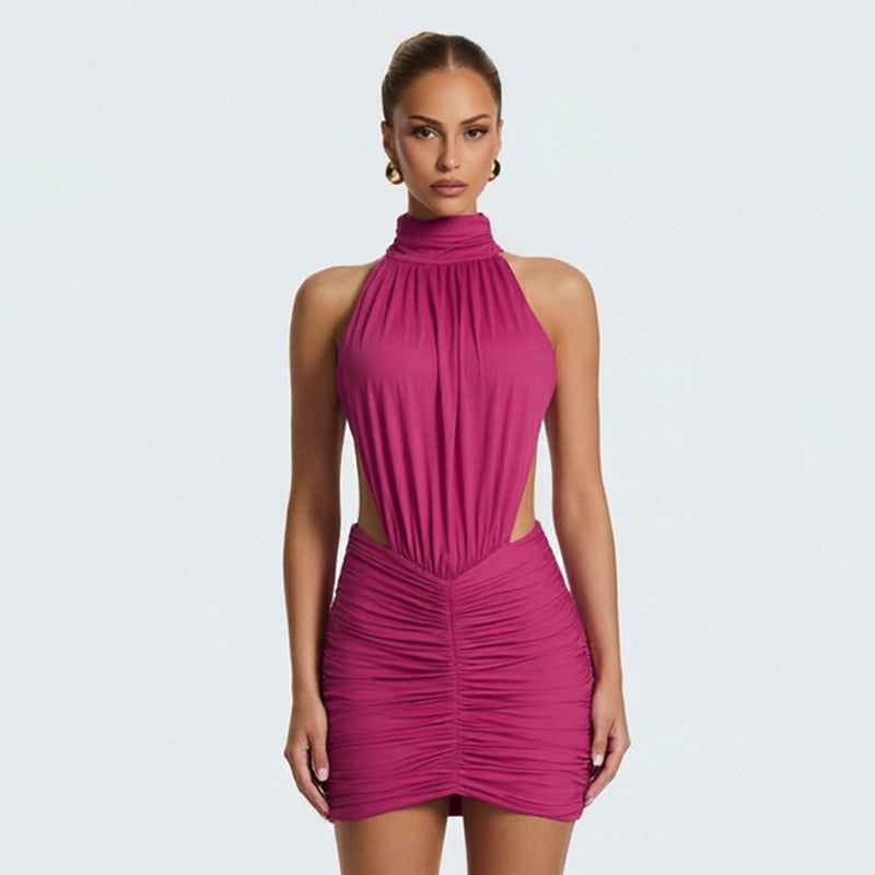 Fitted ruched mini dress with an open back – HILI