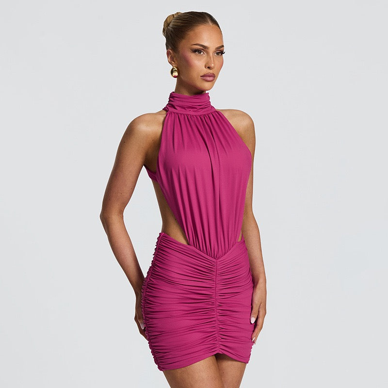 Fitted ruched mini dress with an open back – HILI