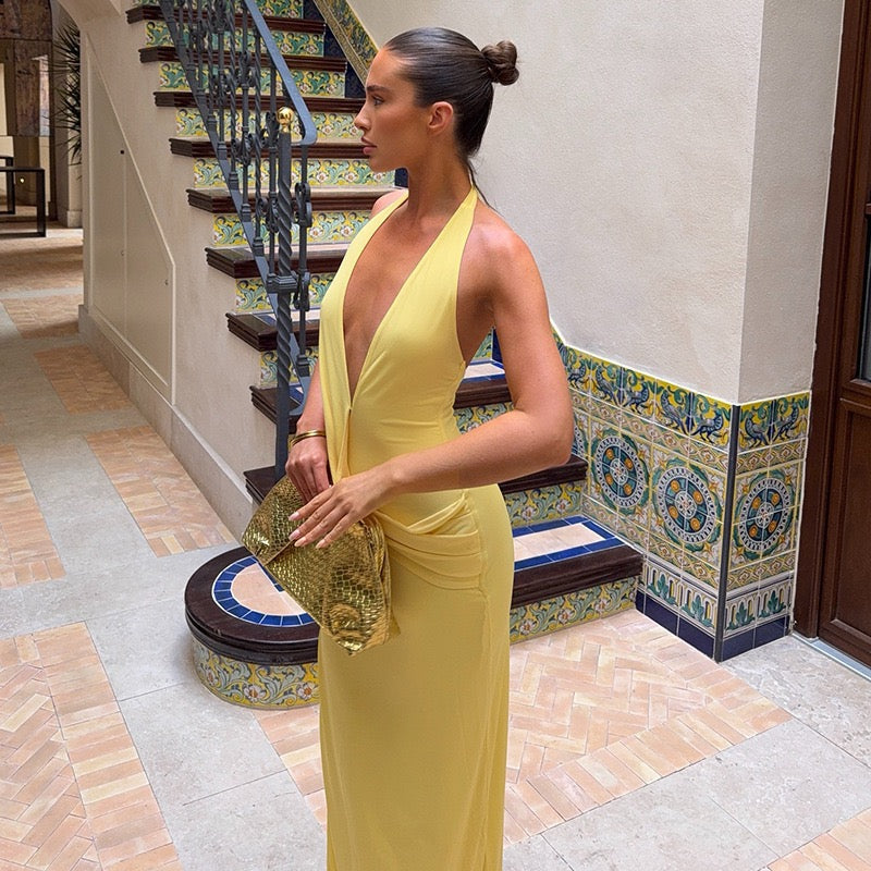 Maxi dress with a slit, pleats, neck tie, and open back – Penelope