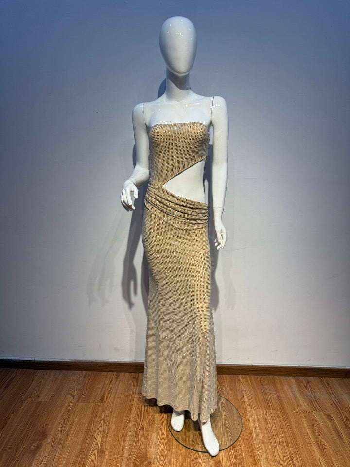 Maxi Strapless Evening Dress with Shiny Rhinestone Design and Slit - REFAELA