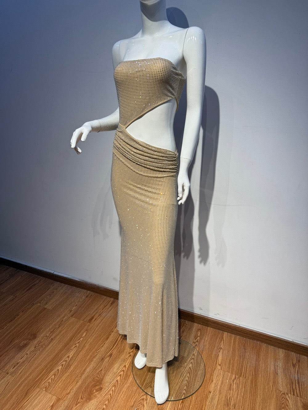 Maxi Strapless Evening Dress with Shiny Rhinestone Design and Slit - REFAELA