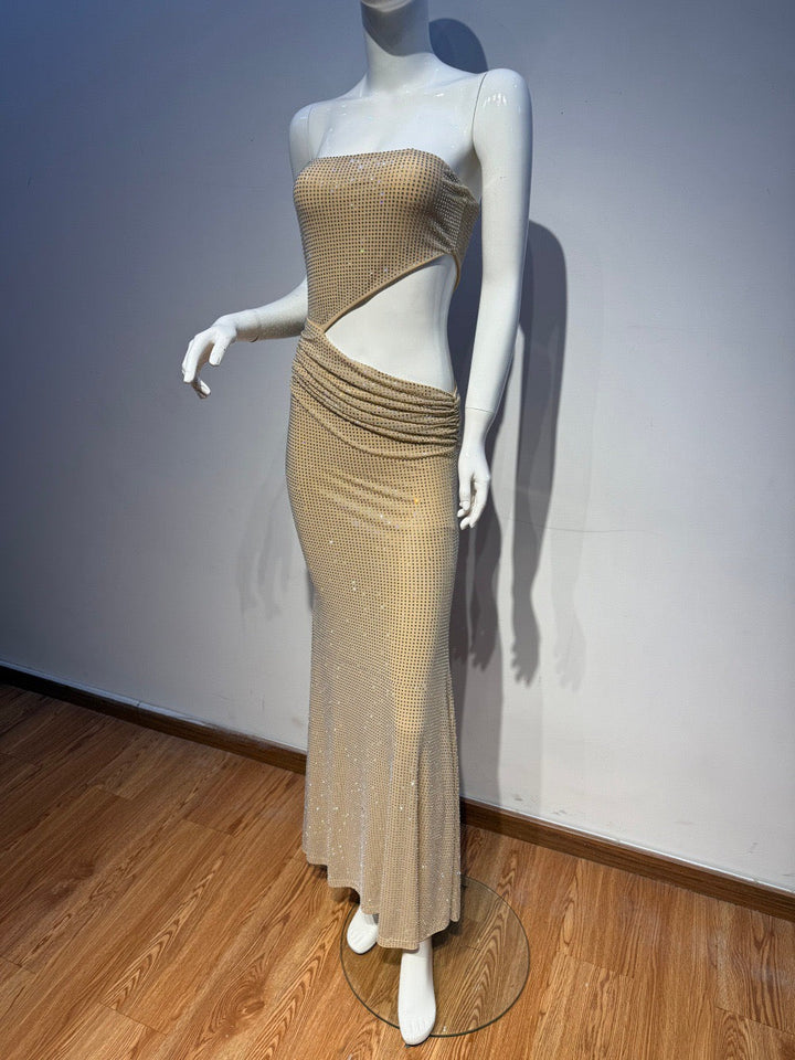 Maxi Strapless Evening Dress with Shiny Rhinestone Design and Slit - REFAELA