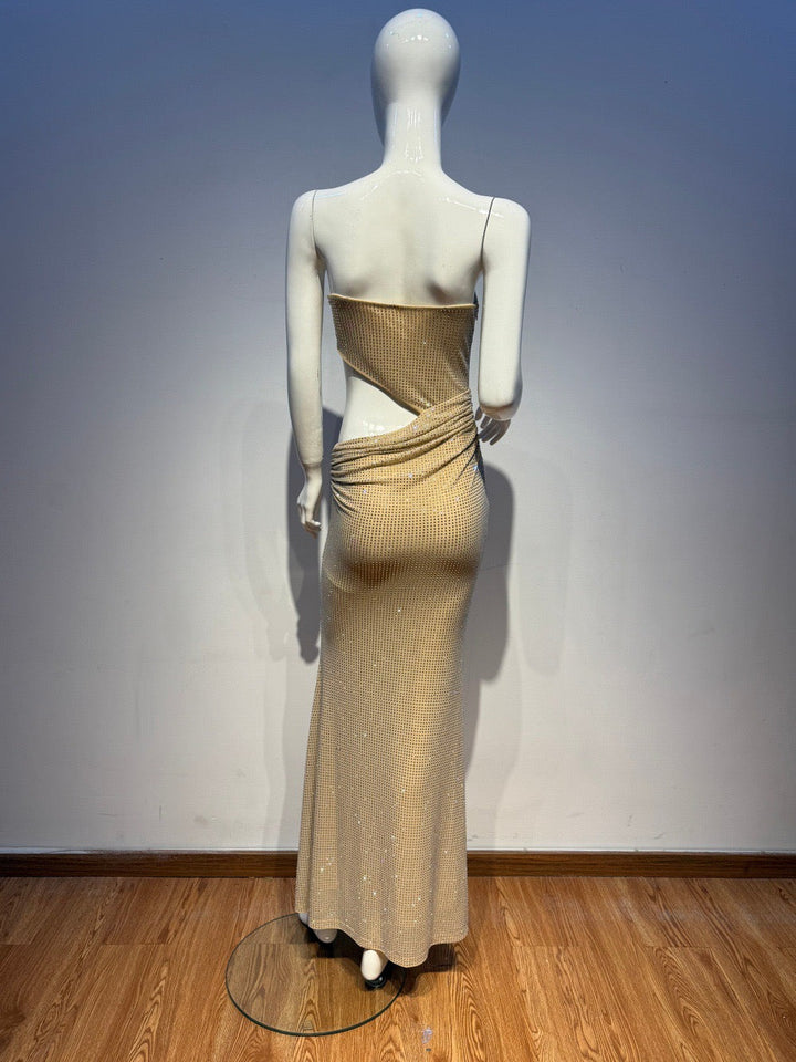 Maxi Strapless Evening Dress with Shiny Rhinestone Design and Slit - REFAELA