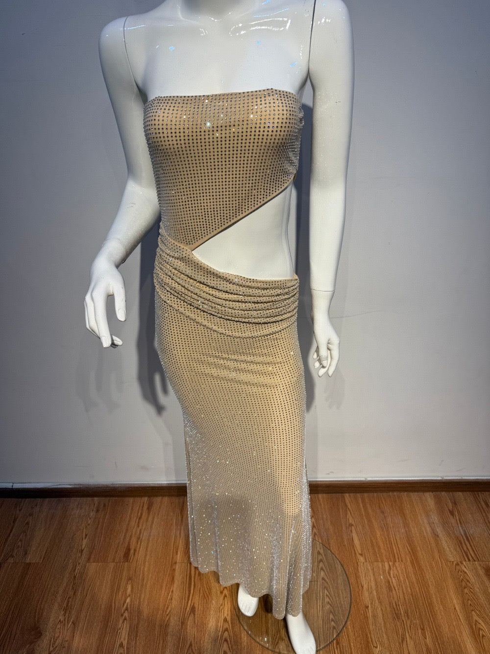 Maxi Strapless Evening Dress with Shiny Rhinestone Design and Slit - REFAELA