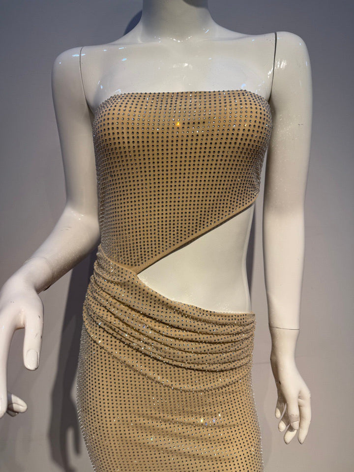 Maxi Strapless Evening Dress with Shiny Rhinestone Design and Slit - REFAELA