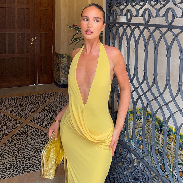 Maxi dress with a slit, pleats, neck tie, and open back – Penelope