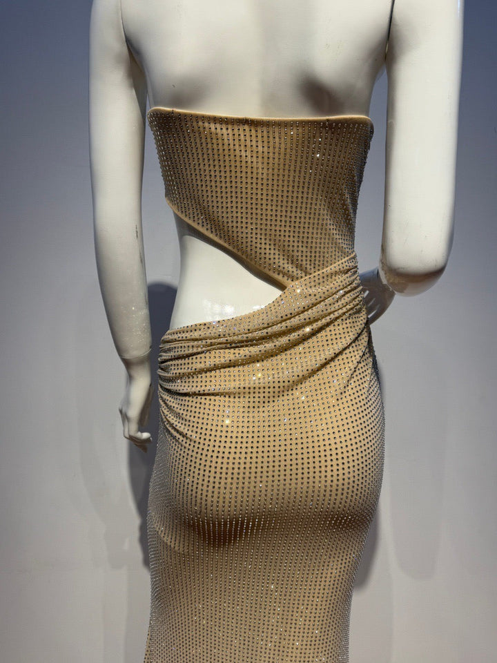 Maxi Strapless Evening Dress with Shiny Rhinestone Design and Slit - REFAELA