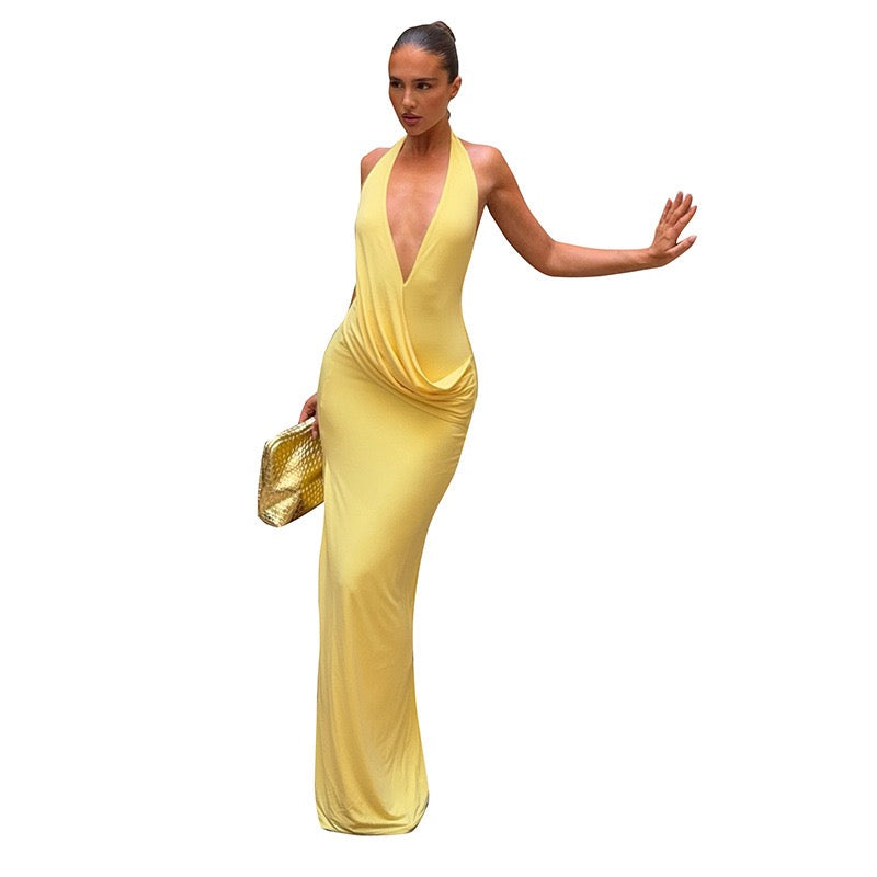 Maxi dress with a slit, pleats, neck tie, and open back – Penelope