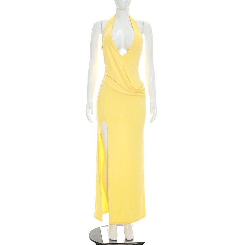 Maxi dress with a slit, pleats, neck tie, and open back – Penelope