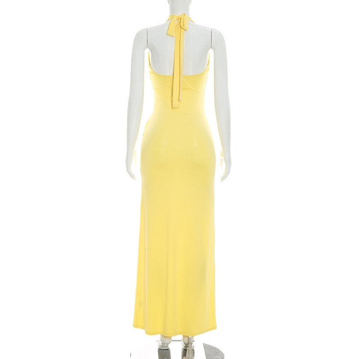 Maxi dress with a slit, pleats, neck tie, and open back – Penelope