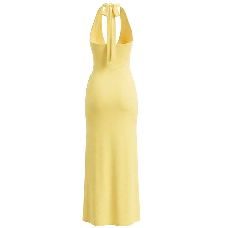 Maxi dress with a slit, pleats, neck tie, and open back – Penelope