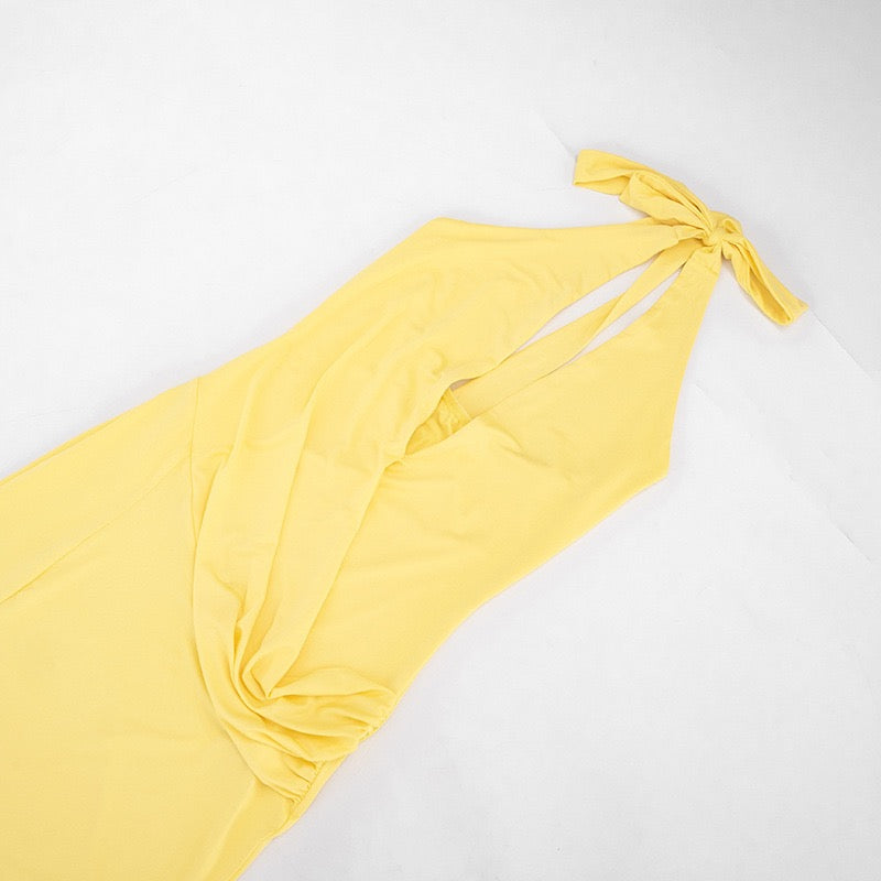 Maxi dress with a slit, pleats, neck tie, and open back – Penelope