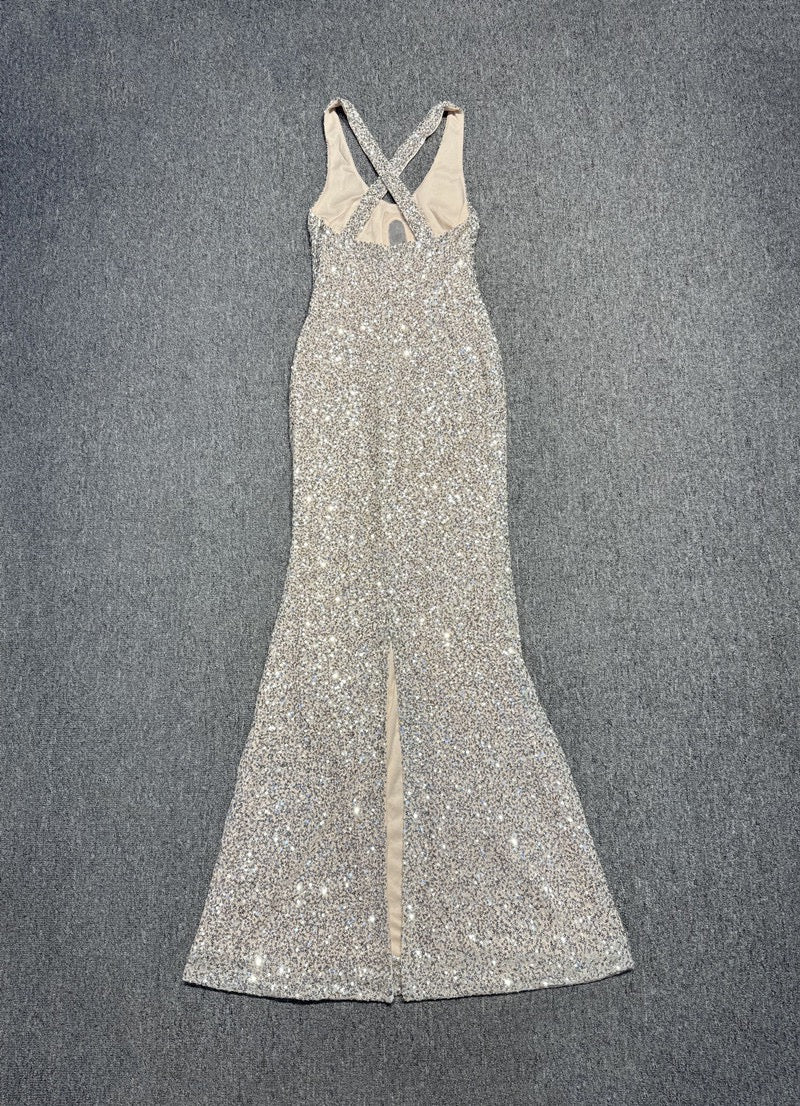 Maxi Evening Dress with Sequin Design and Slit - JENNA