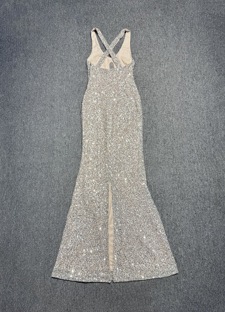 Maxi Evening Dress with Sequin Design and Slit - JENNA