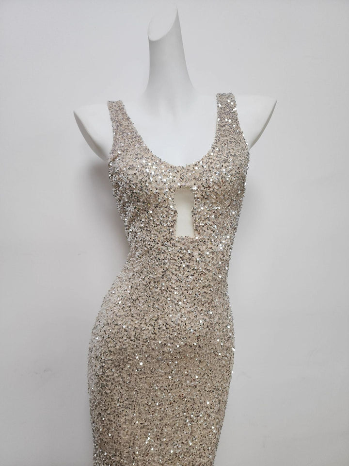 Maxi Evening Dress with Sequin Design and Slit - JENNA
