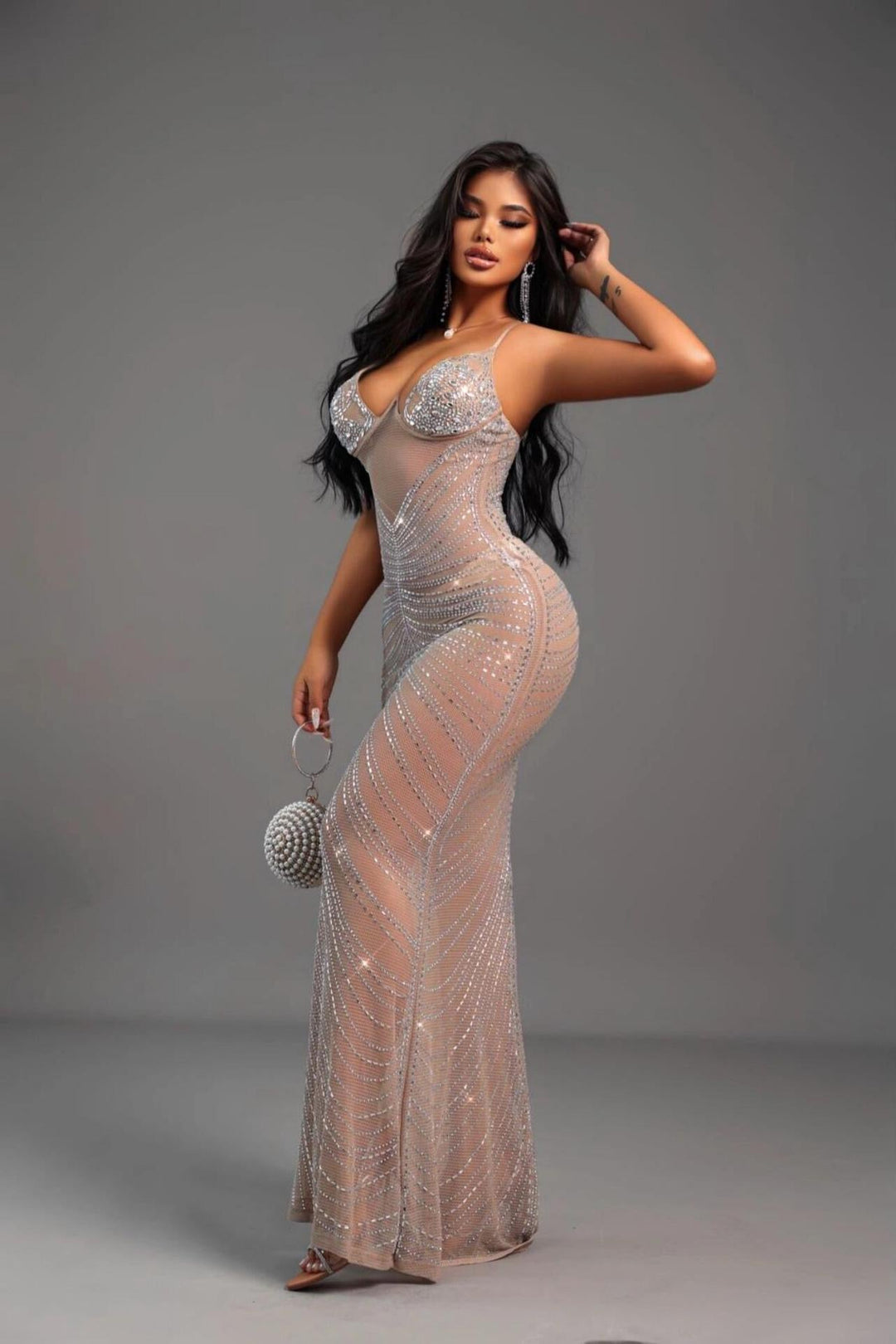 Maxi Evening Mesh Dress with Shiny Rhinestone Design - Anabella