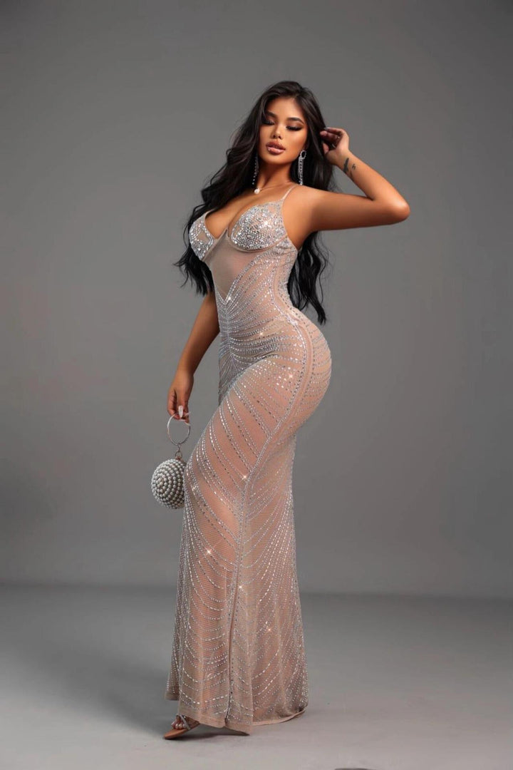 Maxi Evening Mesh Dress with Shiny Rhinestone Design - Anabella