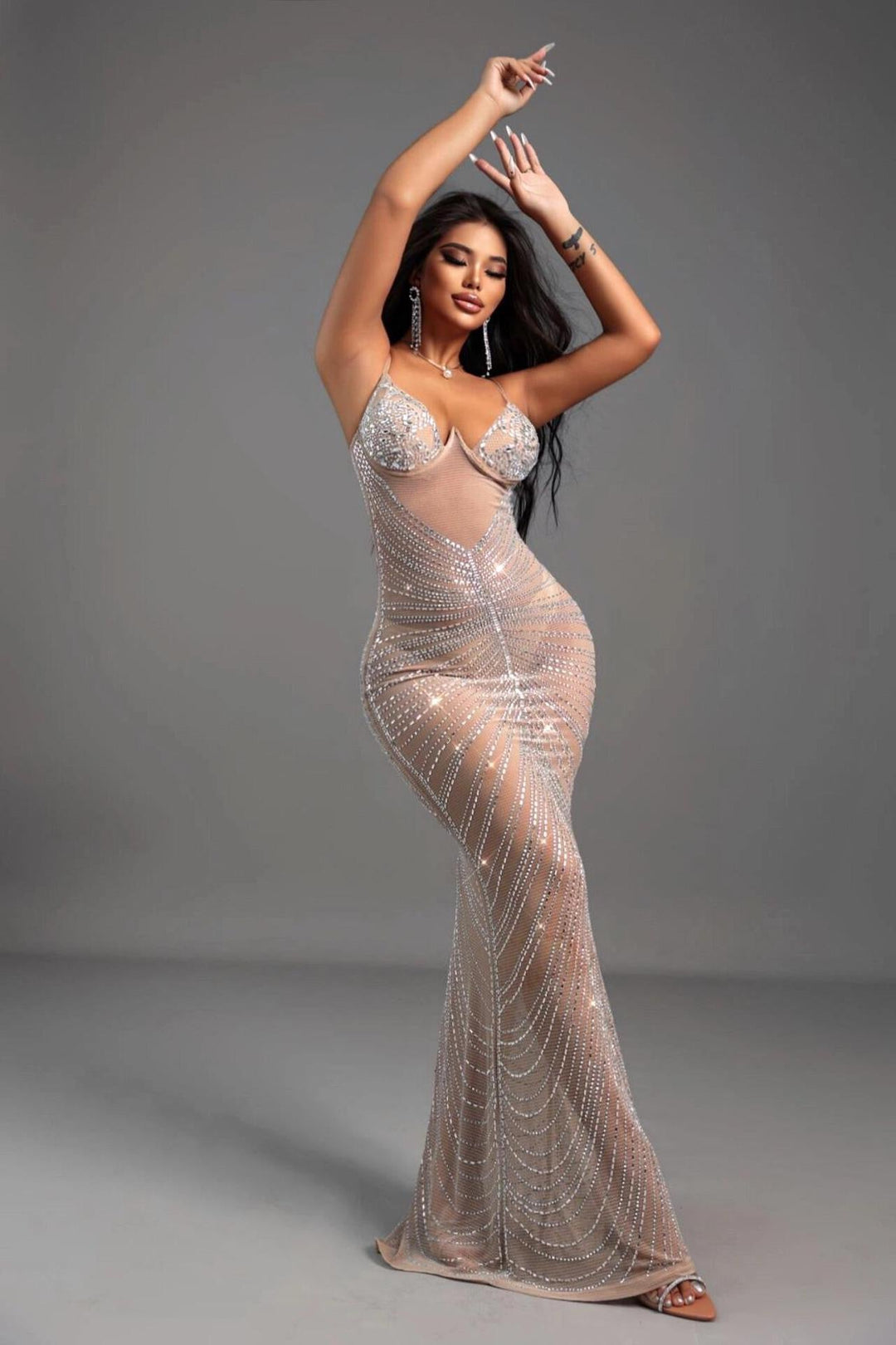 Maxi Evening Mesh Dress with Shiny Rhinestone Design - Anabella
