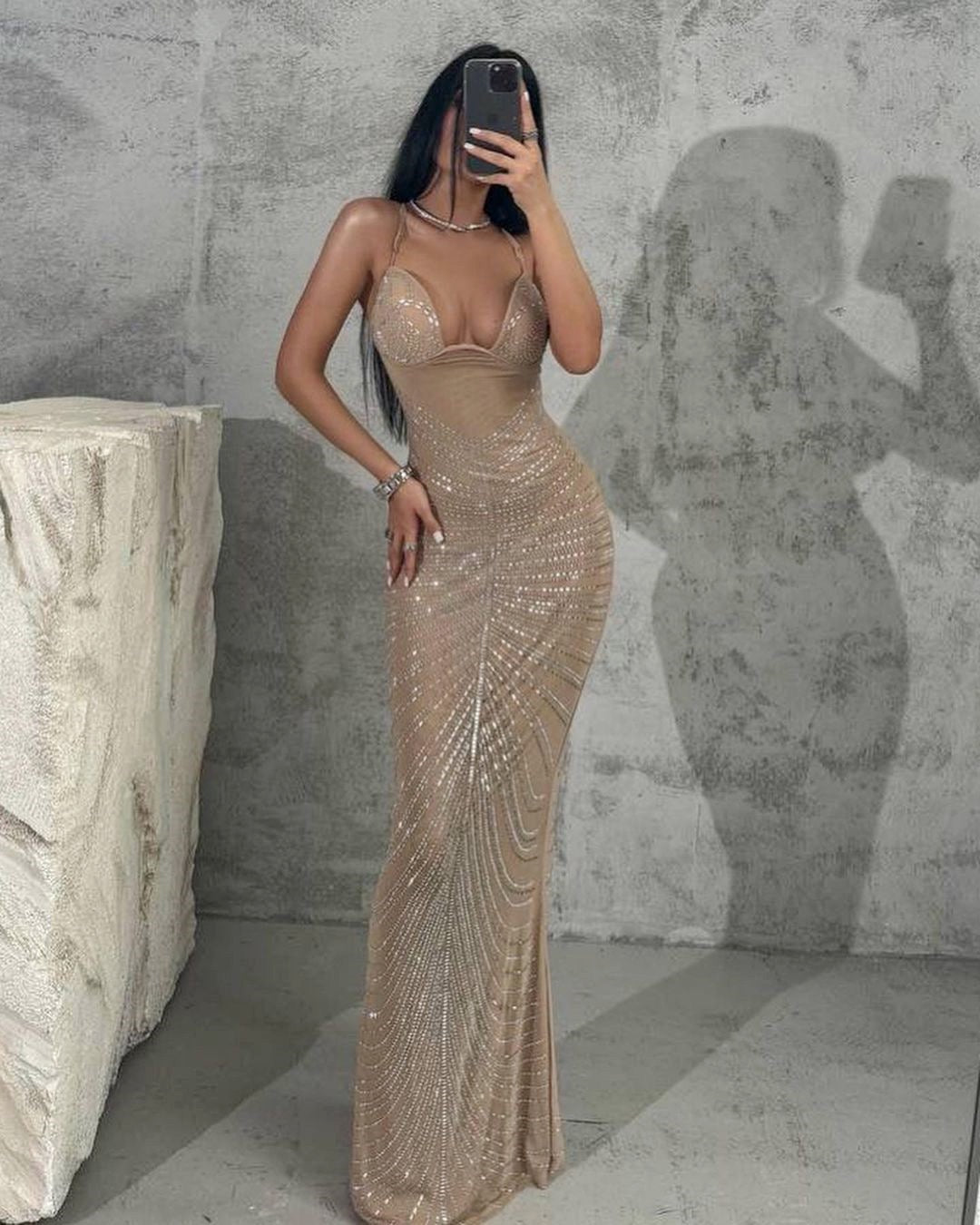 Maxi Evening Mesh Dress with Shiny Rhinestone Design - Anabella