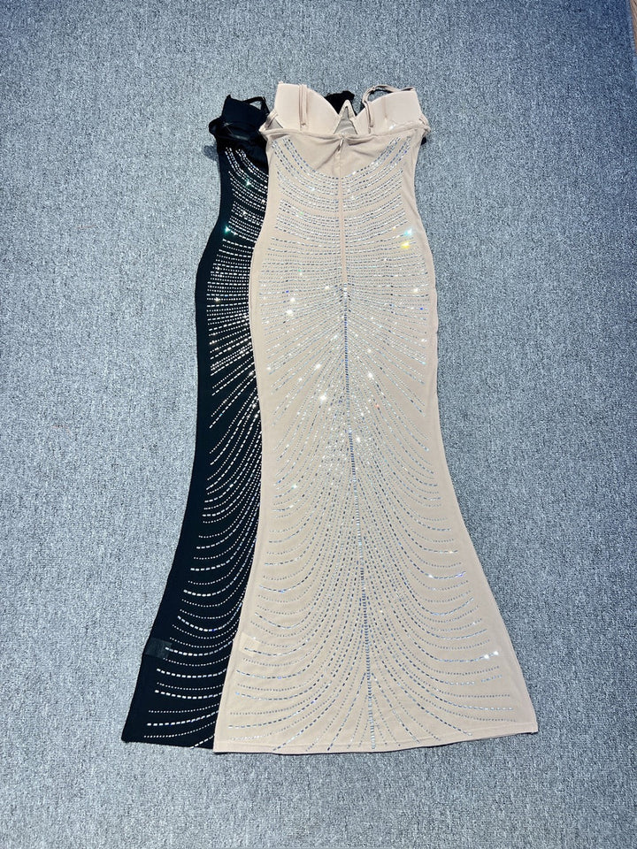 Maxi Evening Mesh Dress with Shiny Rhinestone Design - Anabella