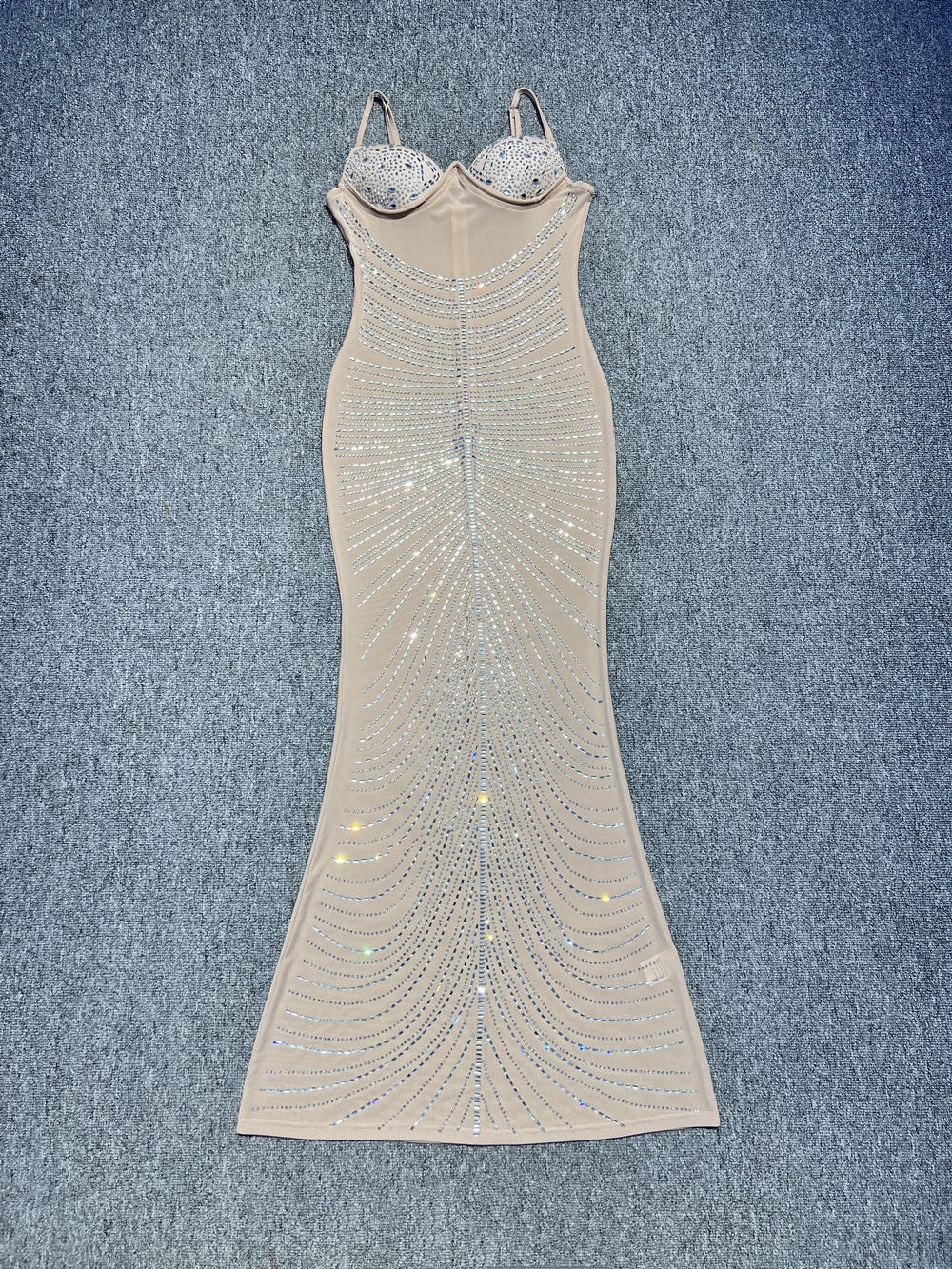 Maxi Evening Mesh Dress with Shiny Rhinestone Design - Anabella