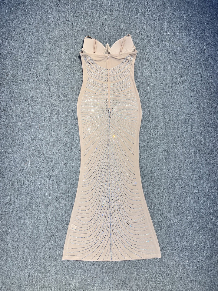 Maxi Evening Mesh Dress with Shiny Rhinestone Design - Anabella