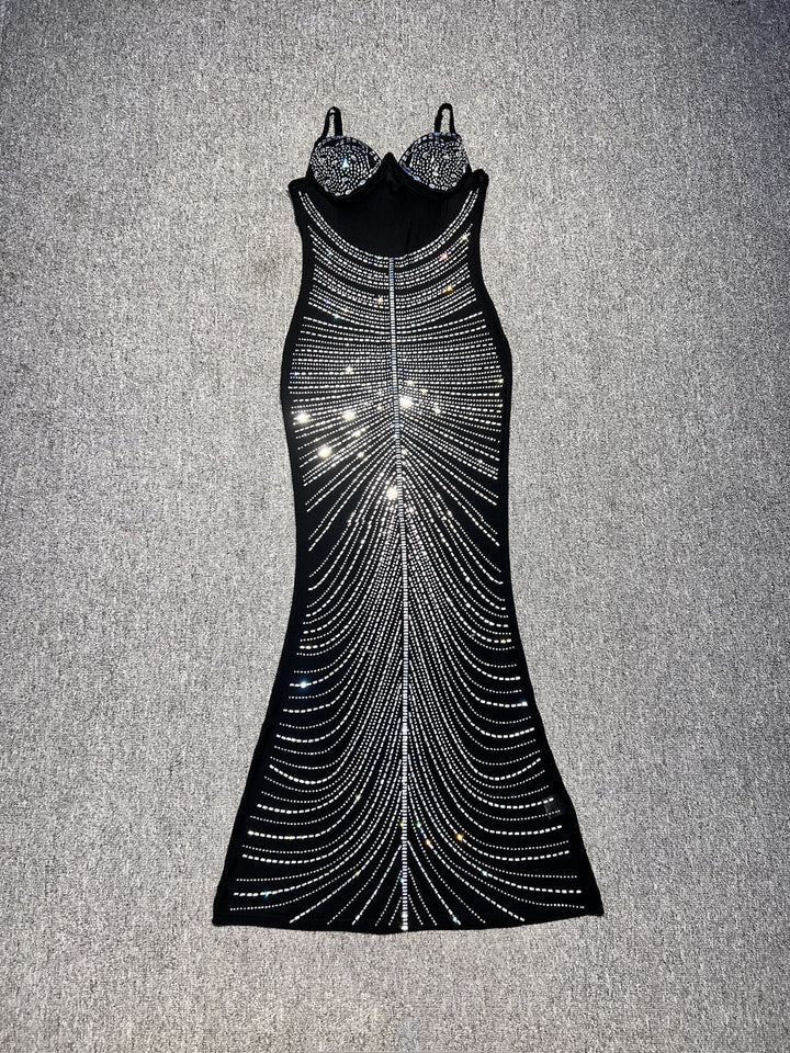Maxi Evening Mesh Dress with Shiny Rhinestone Design - Anabella